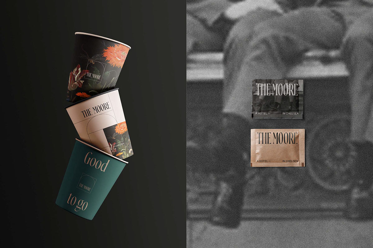 Kaffeebecher und zuckerpackete im Stil des Moore