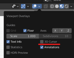 Ein Screenshot der zeigt, wo man den 3d cursor in blender findet