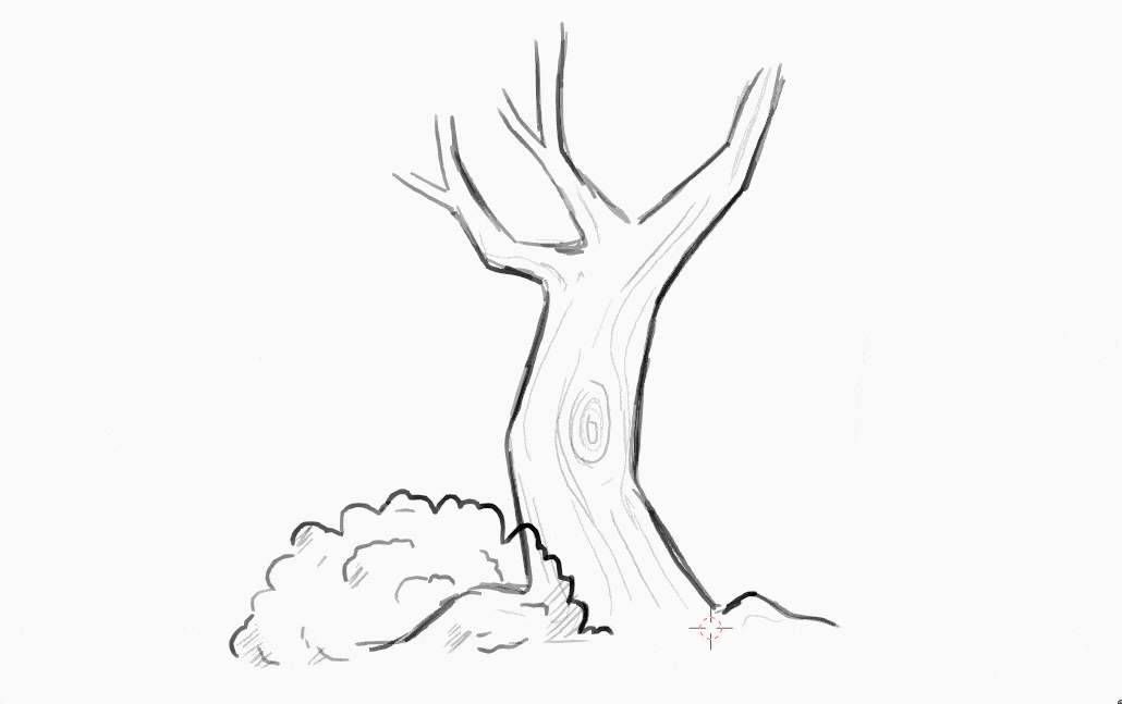 Baum und Busch hintereinander, man sieht, wie der illustrator eine Füllung im baum zeichnet