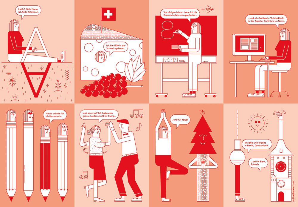 Auf Instagram hält die Illustratorin Interessierte auf dem Laufenden und zeigt auch schon mal Unfertiges. Seit Neustem verschickt sie an ausgewählte Kunden eine Selbstdarstellung in Faltblattform