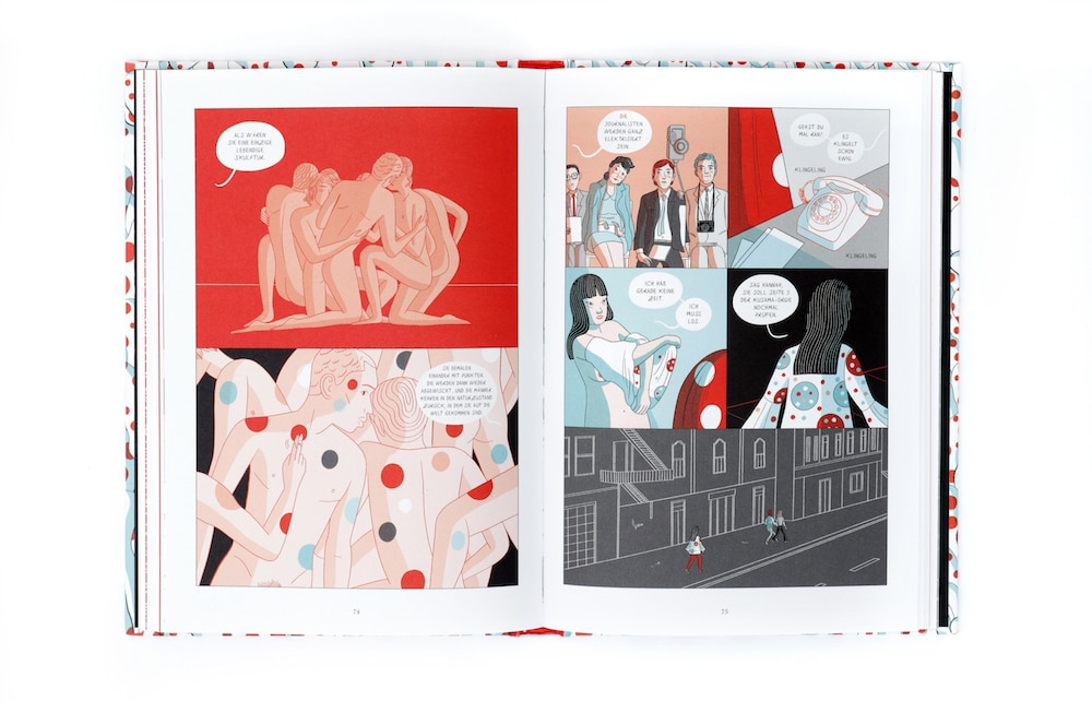 Graphic Novel über Yayoi Kusama, man sieht gepunktete Körper