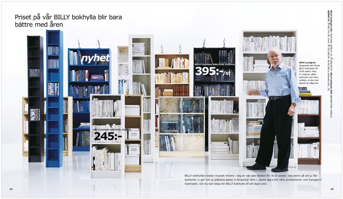 IKEA-Katalog 2010: Doppelseite mit verschiedenen Varianten des Billy-Regals mit dem Designer Gilles Lundgren