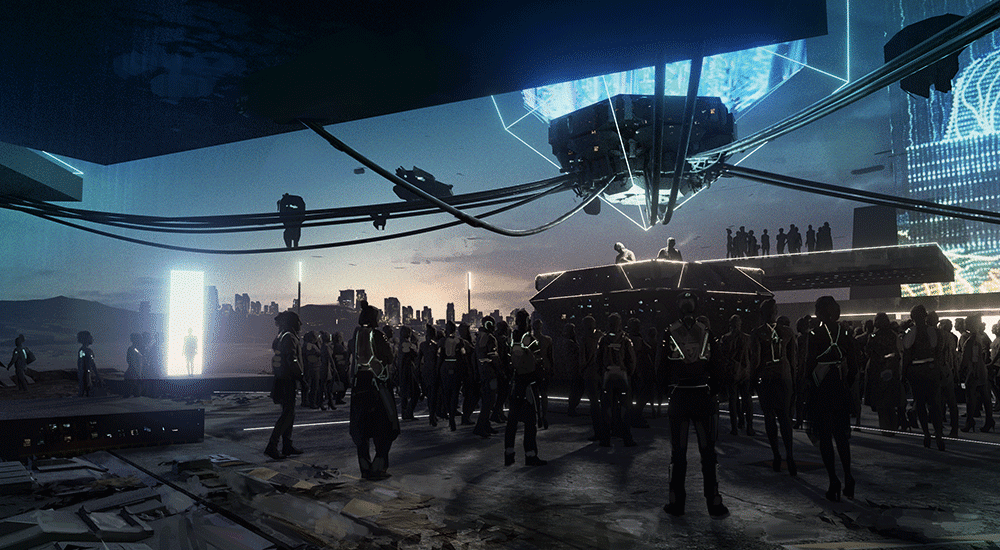 Visuelles Konzept: Die Crowd im Eventspace in düsterer, futuristischer Cyberpunk-Ästhetik.