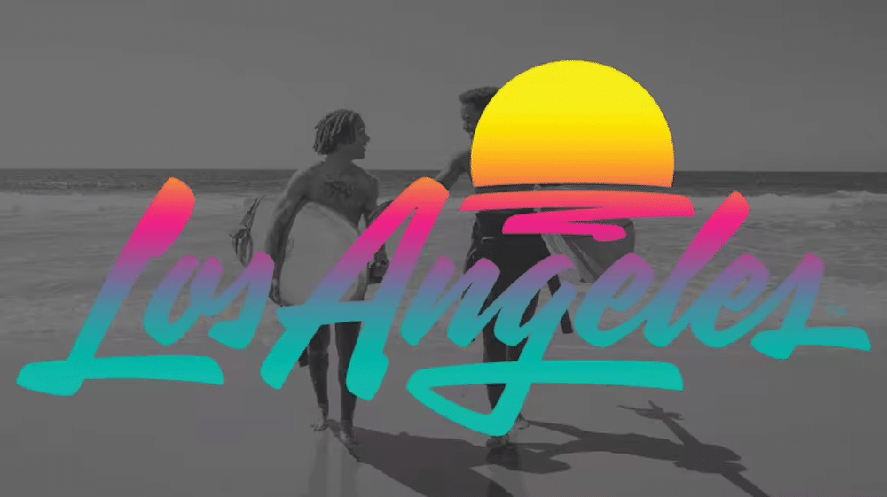 Neues Logo für Los Angeles von Shepard Fairey und House Industries vor Strandszene