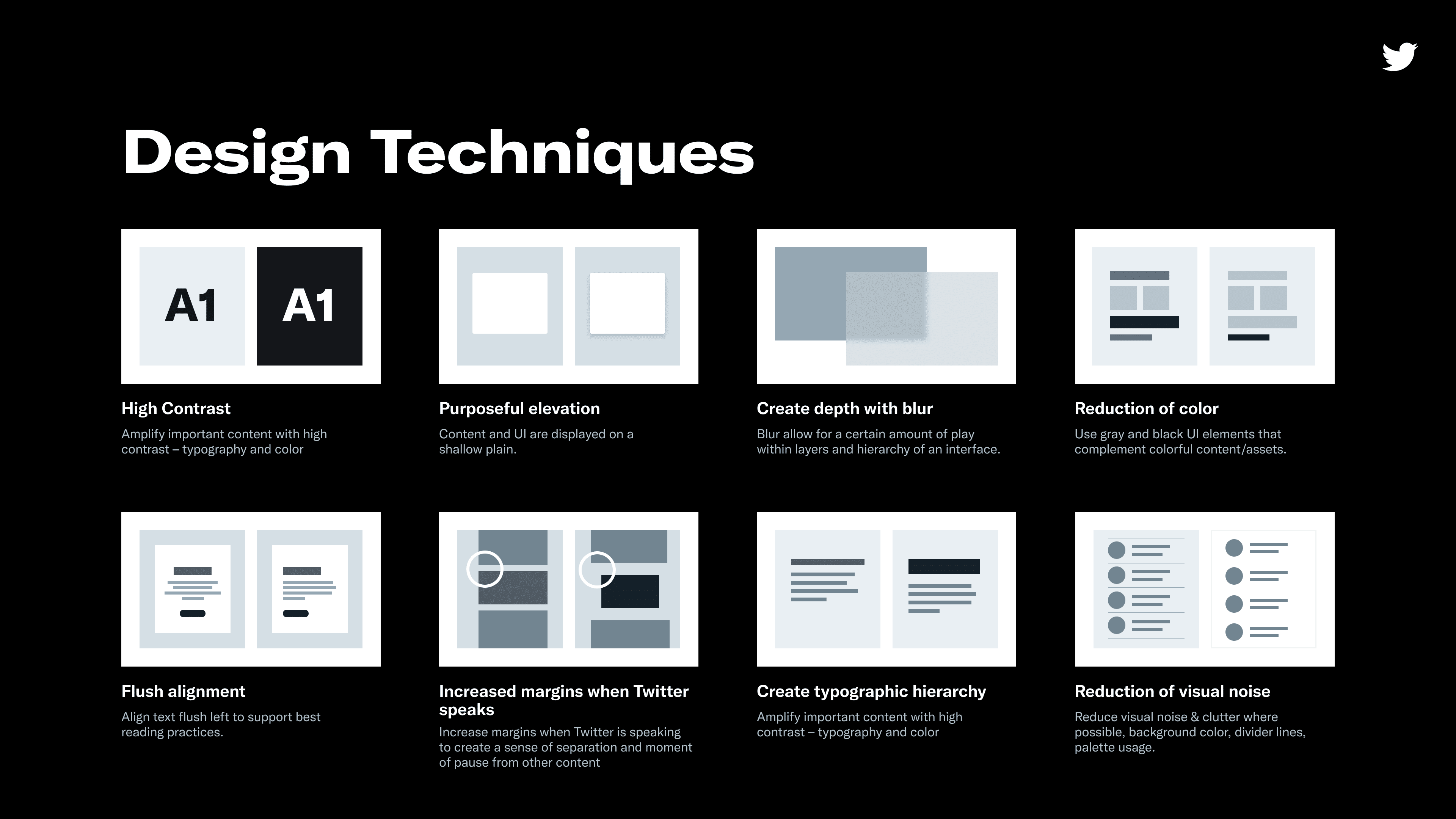 Design Techniques: High Contrast // Purposeful evaluation // Create depht with blur // reduction of color // flash alignment // increased margins when twitter speaks // create typographic hierarchy // reduction of visual noise