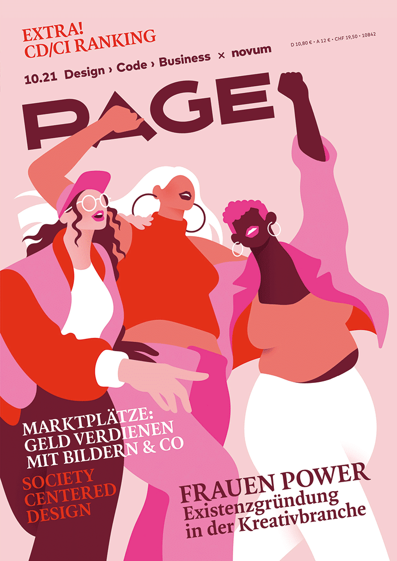 Cover der Ausgabe 10/2021 der Zeitschrift PAGE. Es ist in vorrangig in Rot-, Pink- und Lilatönen gehalten und bildet drei in comichafter Reduktion gestaltete Frauen ab. 