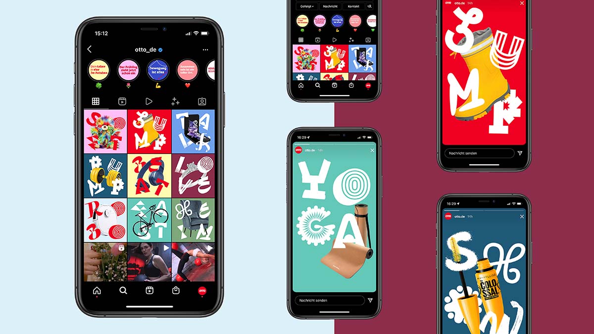 Fünf Handys zeigen die Kampagne: Dein Leben in vier Buchstaben auf Social Media