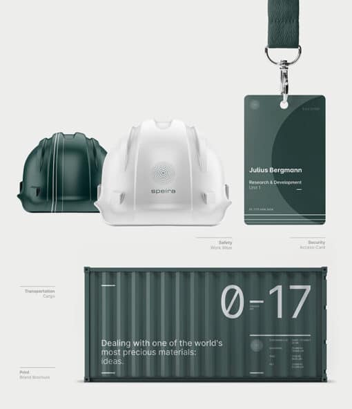 Das Speira Corporate Design auf Helmen, ID-Cards und Container