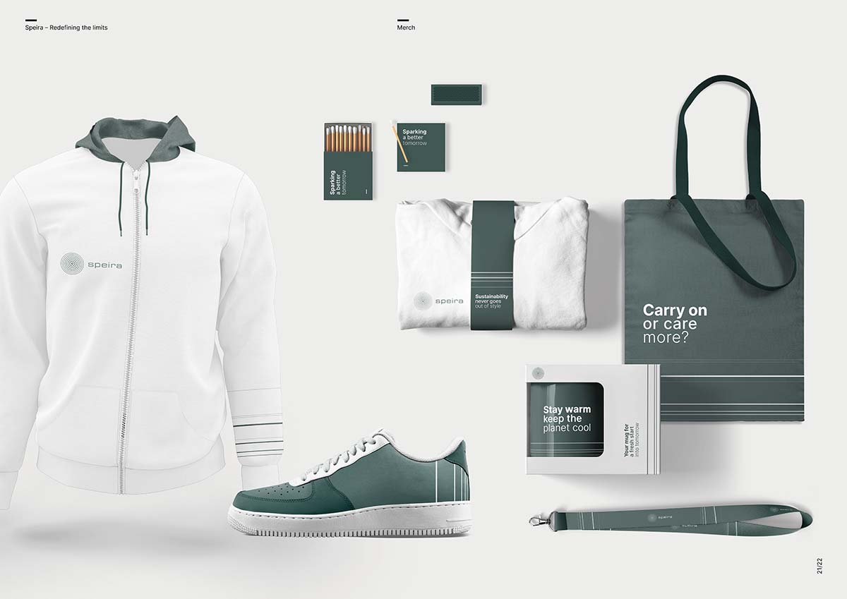 Das Speira Corporate Design auf Jacke, Schuhen, Taschen und Streichhölzern