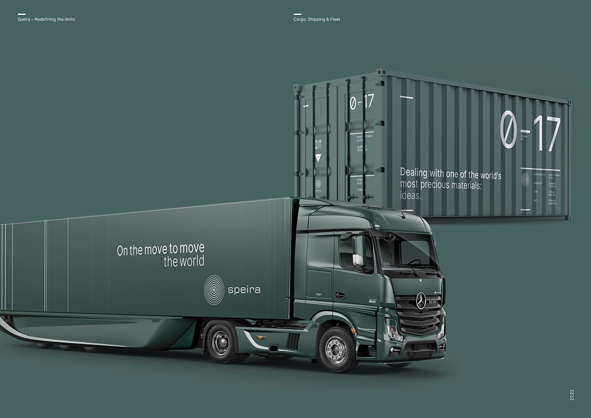Das Speira Design wird in unterschiedlichsten Medien genutzt. Hier sieht man einen gebrandeten Lastwagen und Container.