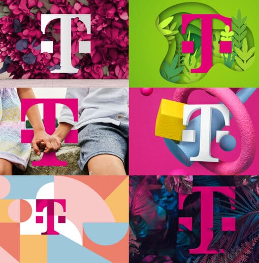 Das neue Telekom Logo interagiert mit unterschiedlichen grafischen und fotografischen Hintergründen