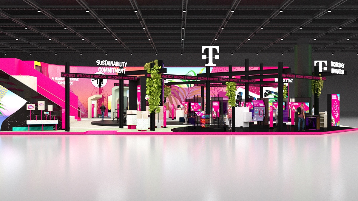Die Telekom zeigt ihr neues Logo auf einem Messestand