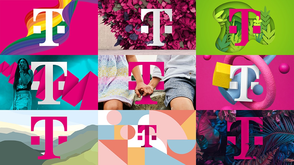 Das Telekom Logo wird in unterschiedlichen Visuals gezeigt, in denen es mit Fotos und Grafiken interagiert