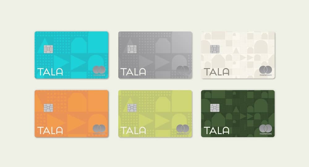 Die bunten Kreditkarten von Tala, die Pentagram in Türkis, Orange und andere Farben getaucht hat