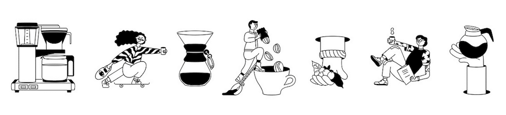 Schvarz Rebranding vom Studio B-O-B- schwarzweiß und mit feinen Linien illustriert mit Kaffeegenuss-Motiven