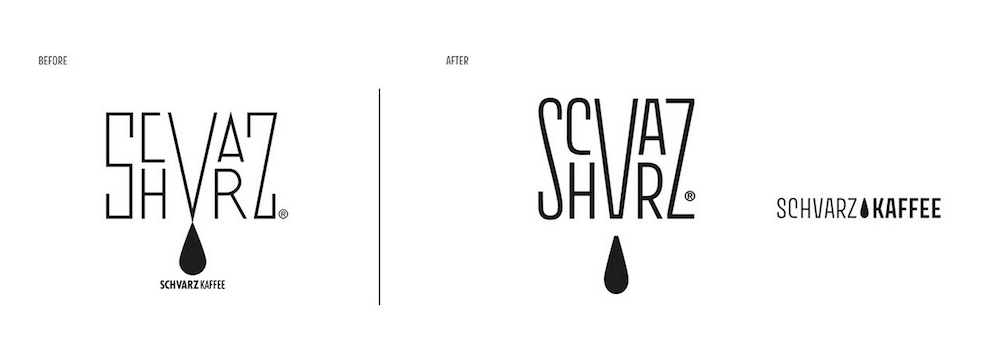Schvarz Rebranding vom Studio B-O-B- schwarzweiß und mit feinen Linien illustriert ist das Logo jetzt bolder und zeigt einen Kaffeetropfen
