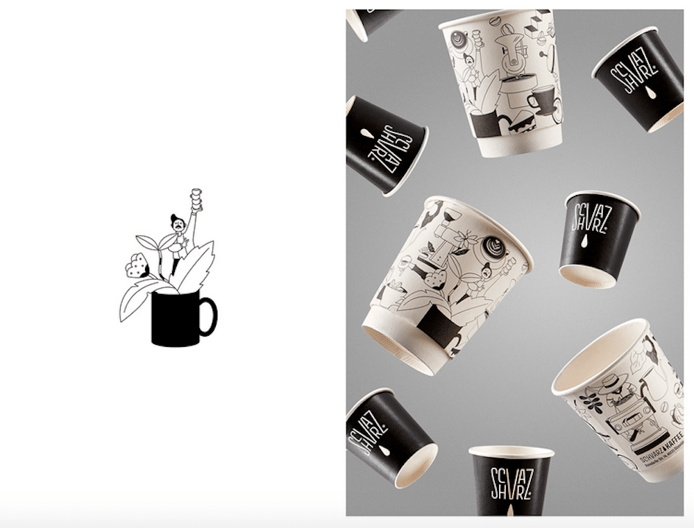 Schvarz Rebranding vom Studio B-O-B- schwarzweiß und mit feinen Linien illustriert fliegen Pappkaffeebecher durch die Luft mit Kaffeegenuss-Motiven