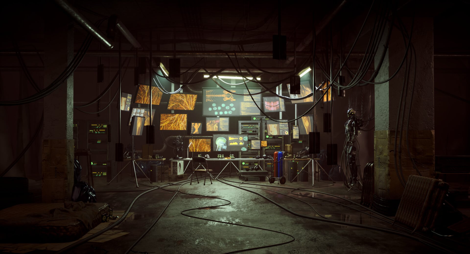 Die Szene zeigt einen dunklen, verschmutzten Raum mit vielen Monitoren, auf denen ein menschliches Skelett und Nervenbahnen zu sehen sind