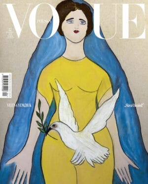 Cover der Vogue Polska mit einer Frau und Friendestaube in gelb und blau