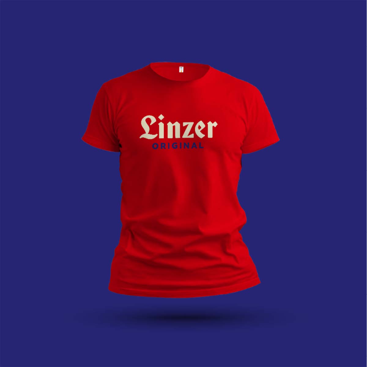 Ein rotes T Shirt mit dem Aufdruck »Linzer Original« auf blauem Grund