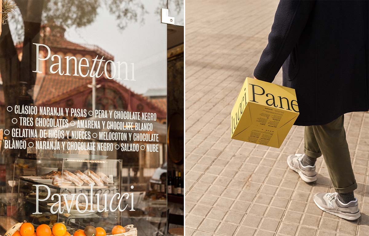Panettoni Schaufenster Gestaltung mit weißer Schrift und Mann mit Packaging in der Hand