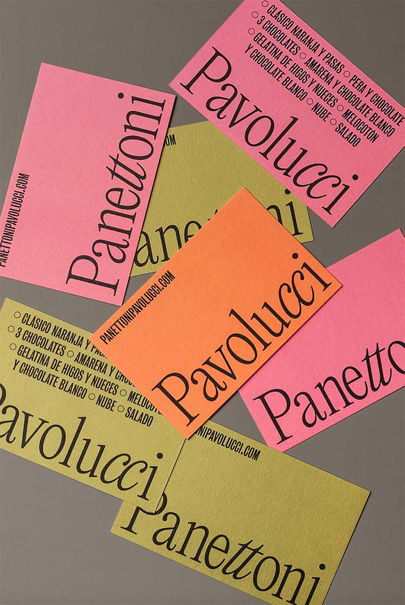 Panettoni Visitenkarten in Pastelltönen auf grauem Grund
