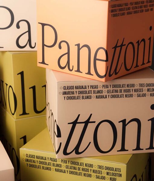 Nahaufnahme des Panettoni Designs mit großer schwarzer Typografie