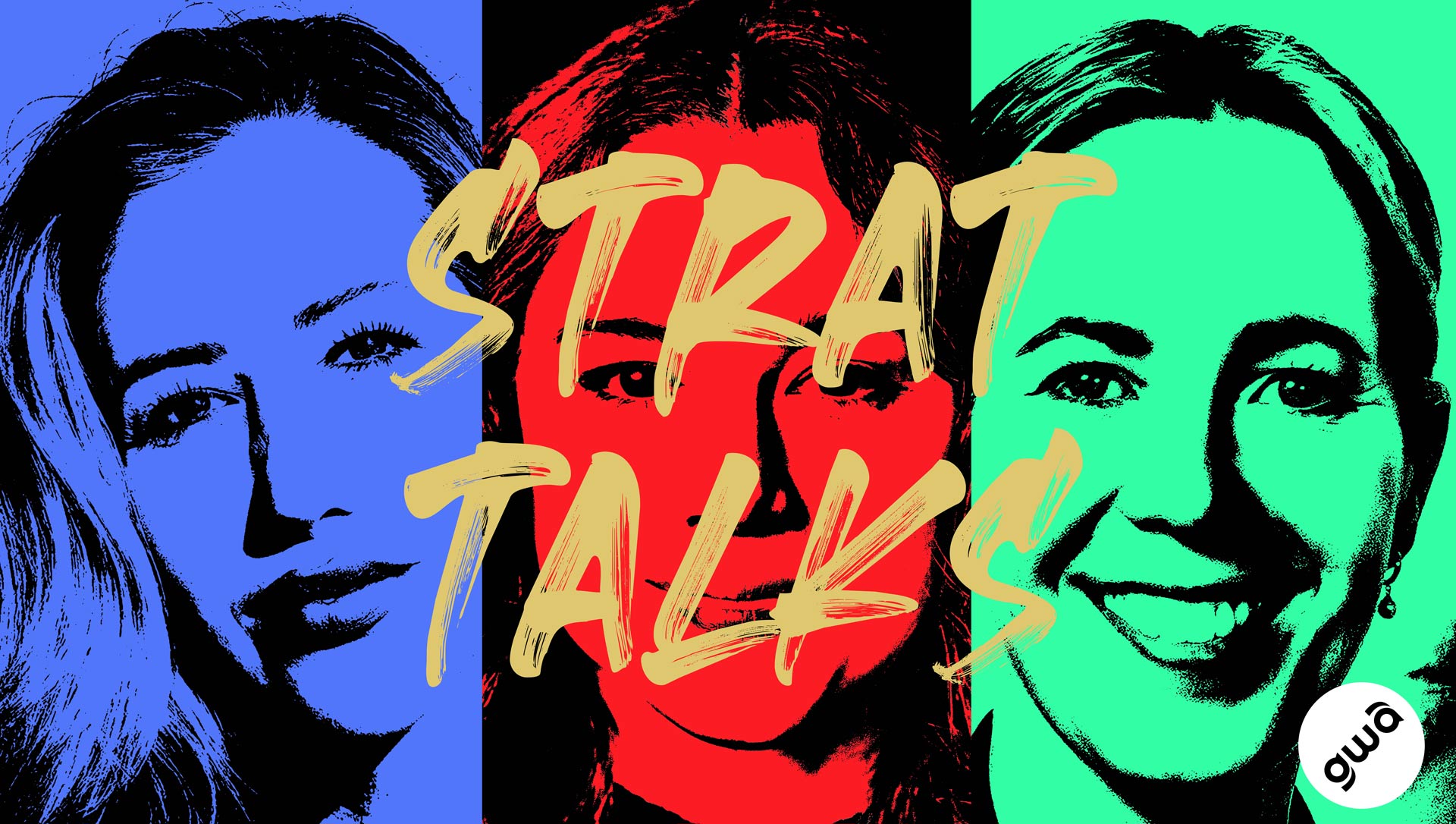 Die Moderatorinnen der Strat Talks in kräftigem blau, rot und grün. Darüber ein handgezeichneter Schriftzug mit dem Namen des Podcasts