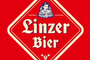 Linzer Bier Logo in Frakturschrift auf roten Grund