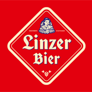 Linzer Bier Logo in Frakturschrift auf roten Grund