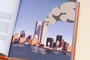 Eine Buchseite mit Illustration einer Stadt