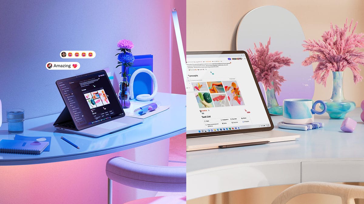 Split Screen zeigt zwei Schreibtische mit unterschiedlichen Farbstimmungen, links in lila und pinktönen, rechts in warmen pastellgelben