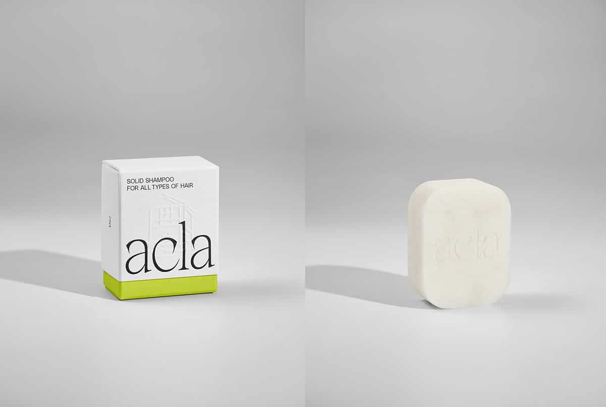 Links: Acla Packaging mit einem grell grün-gelben Streifen unten. Rechts: Der Acla Shamboobar