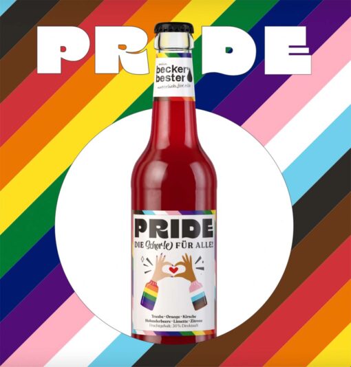 Due Pride Schorle auf Regenbogen Hintergrund