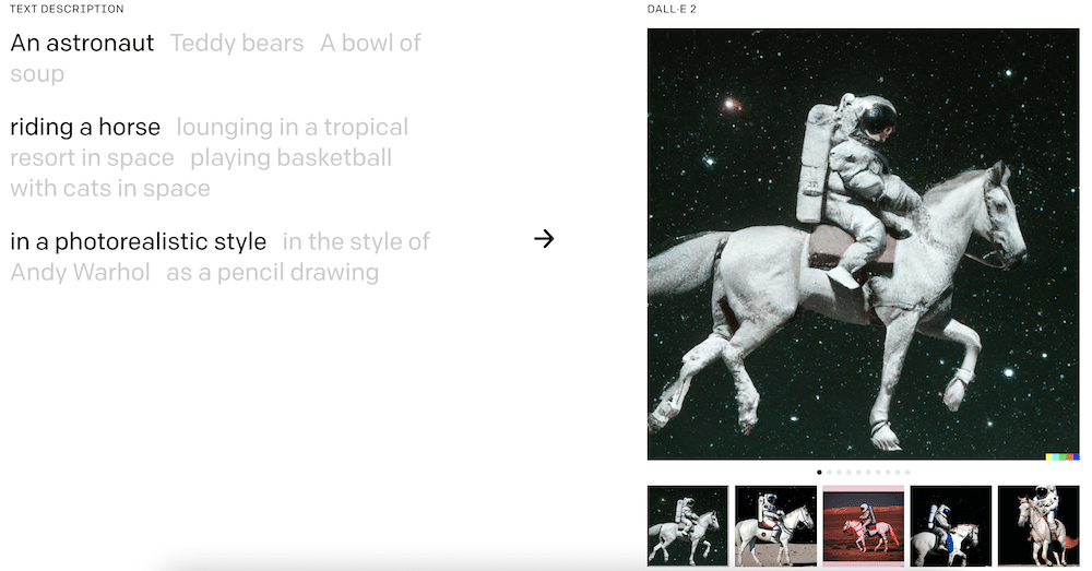 DALL-E 2: An astronaut riding a horse in a photorealistic style
