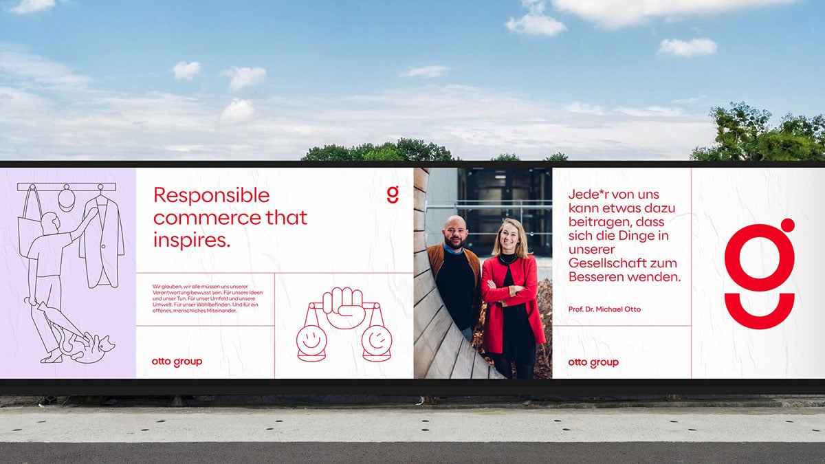 Otto group Großflächenkampagne mit großen roten headlines und feinen Linien um das design zu unterteilen
