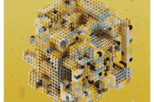 NFT Artwork mit gelbem Hintergrund und kleinen Blöcken in einem komplexen Rastersystem