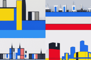 Midjourney Test - Prompt: a futuristic city in Europe in the style of Mondrian