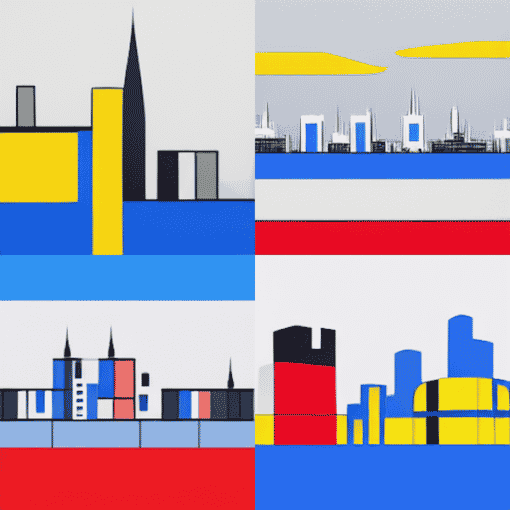 Midjourney Test - Prompt: a futuristic city in Europe in the style of Mondrian