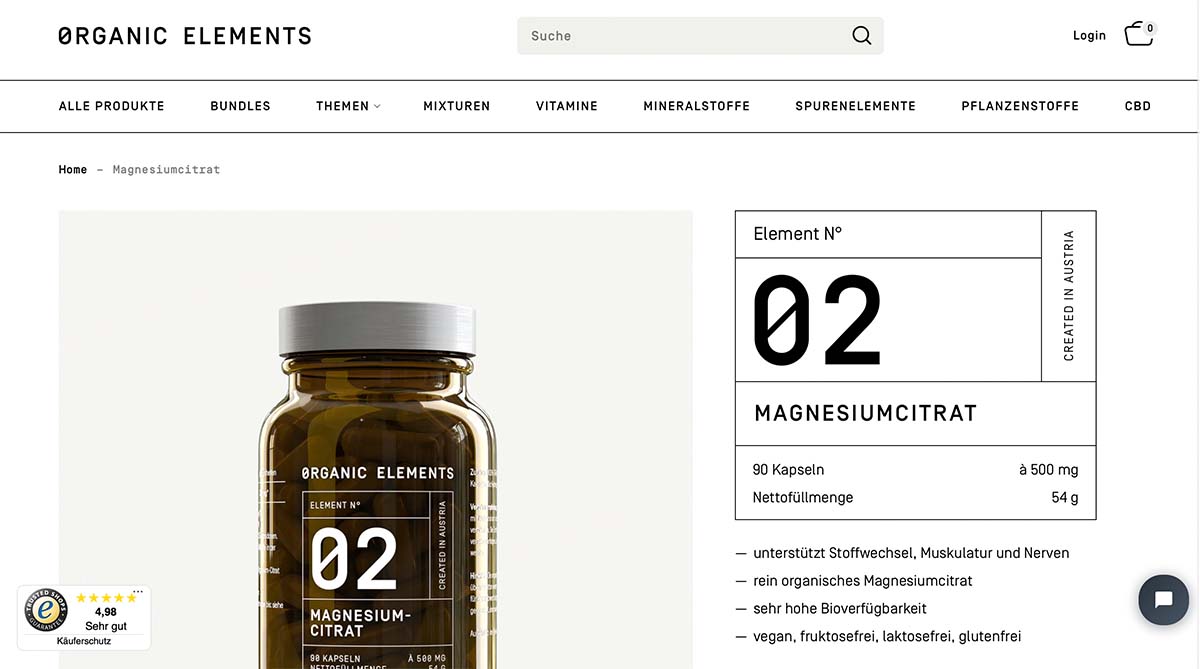Die Website von organic Elements zeigt links ein Produkt, rechts dessen Einordnung im Periodensystem