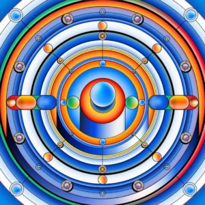 Mehrere konzentrische Farbkreise liegen um eine blaue Kugel in der Mitte