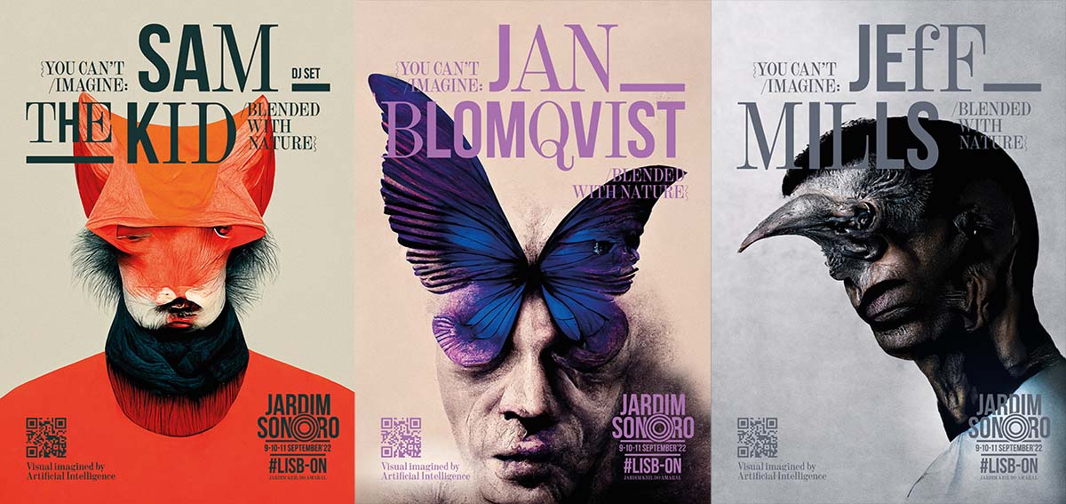 Drei Plakate: Ein Gesicht verwachsen mit Fuchsorden, ein Mann mit Schmetterling auf dem Kopf und ein Gesicht mit einem Vogelschnabel