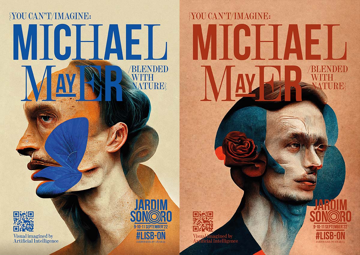 Zwei Plakate für den Musiker Michael Mayer, in dem sein Gesicht mit Schmetterlingen kombiniert sind