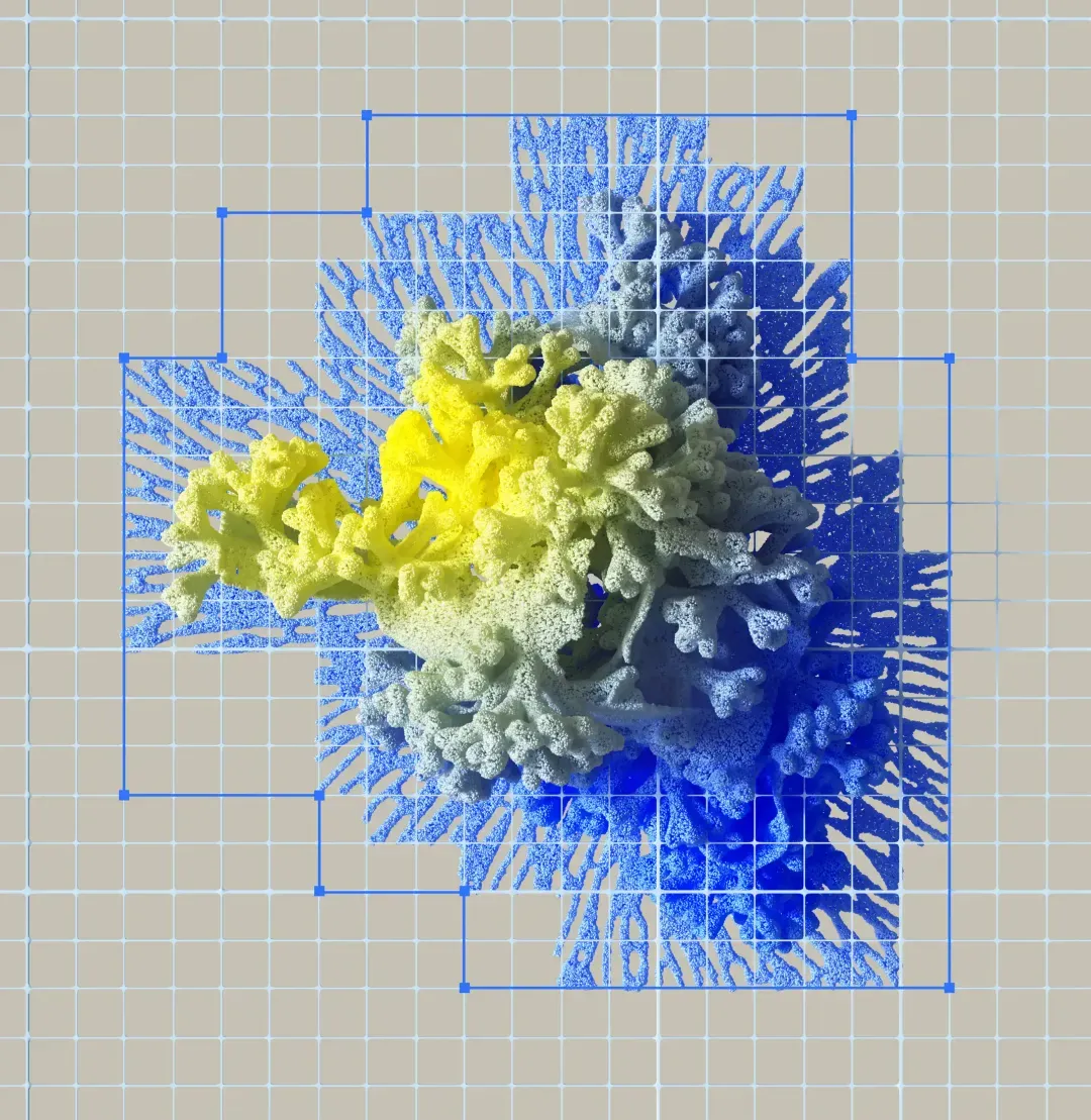 eine Komposition aus geometrischem raster und korallenartigen, gelben Formen