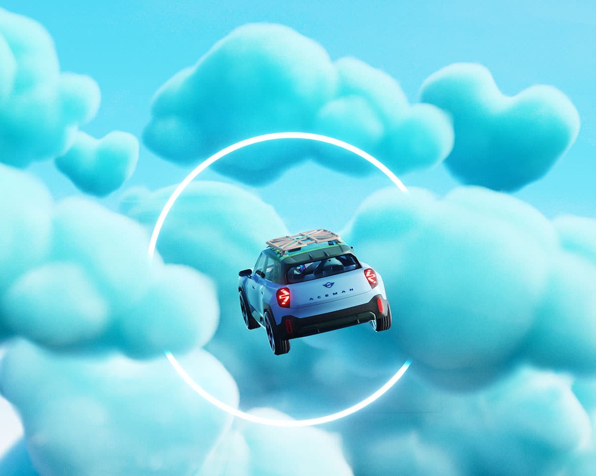 Ein Mini fliegt durch hellblaue Wolken in ein Portal