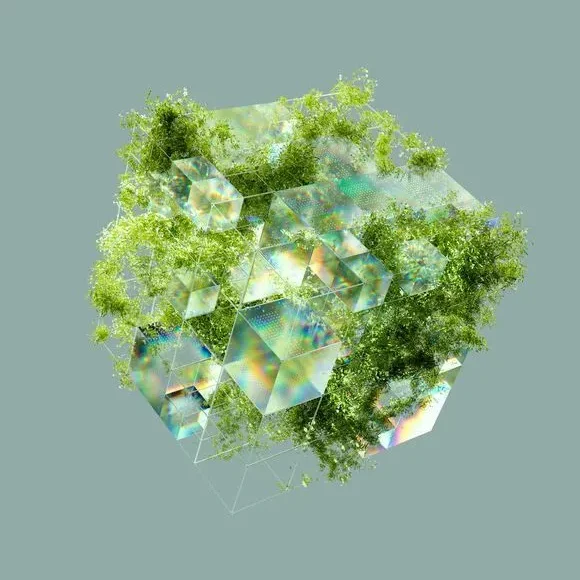 Ein Würfel aus glas und Pflanzen schwebt vor matt grünem Hintergrund