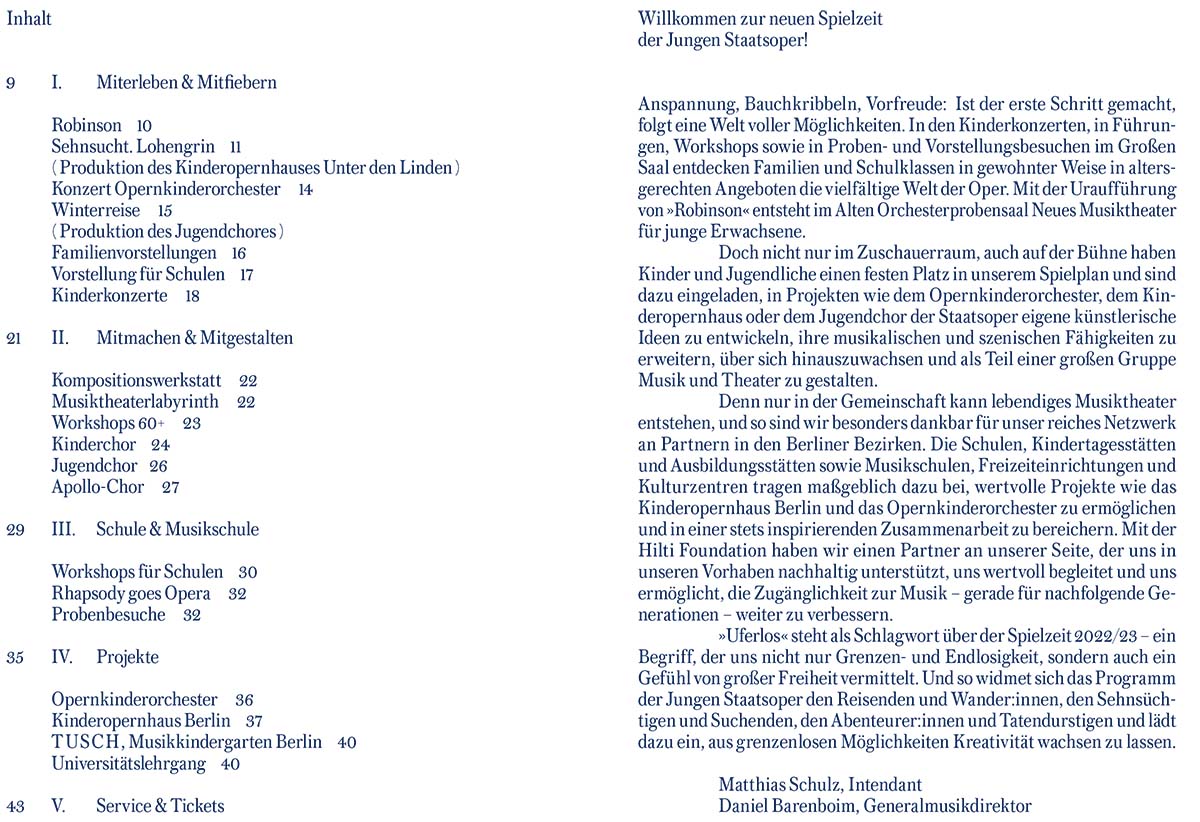 Eine Doppelseite mit monochrom Blauem Text im Inhaltsverzeichnis