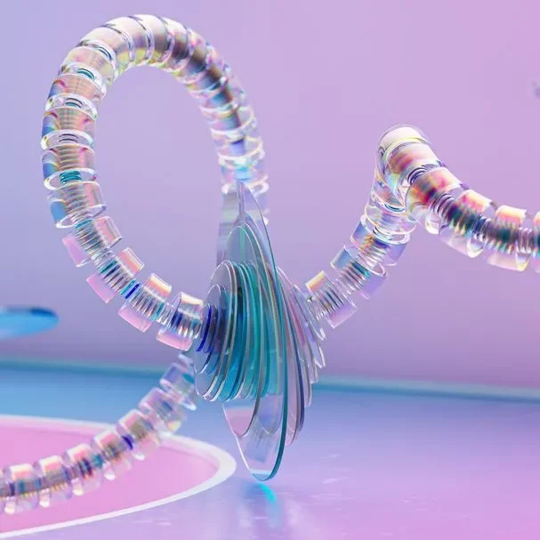 Ein Roboterarm aus schillerndem Glas trifft sich in einem Gelenk aus gläsernen Scheiben
