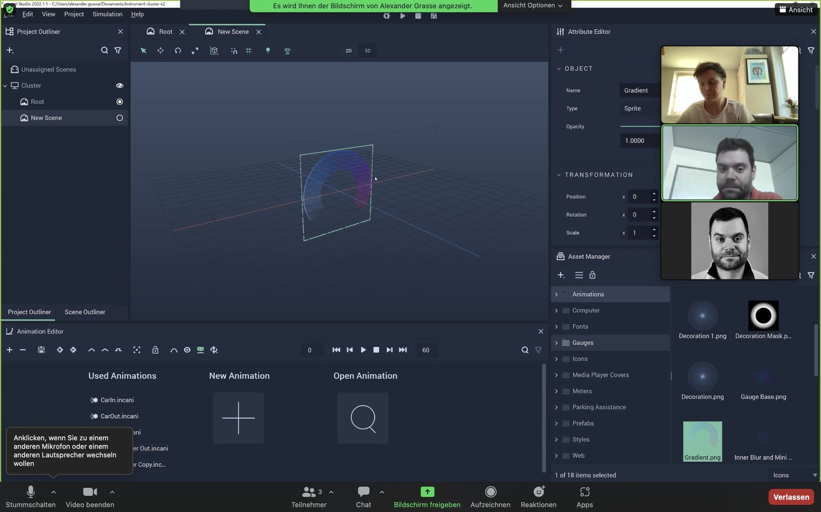 Screenshot Interface Incari Studio mit 3D-Bühne