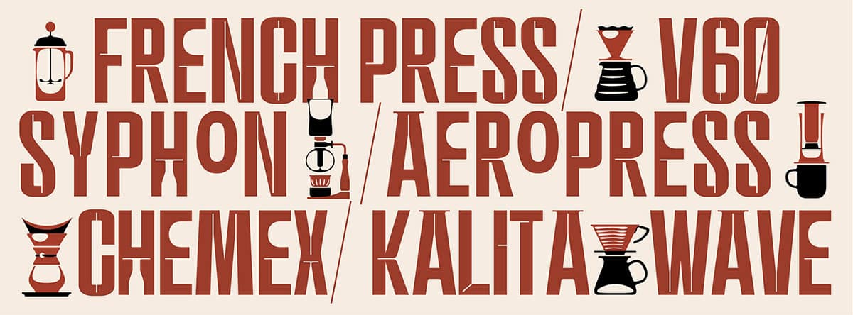 Unterschiedliche Kaffeezubereitsungsarten in Typografie und Icons
